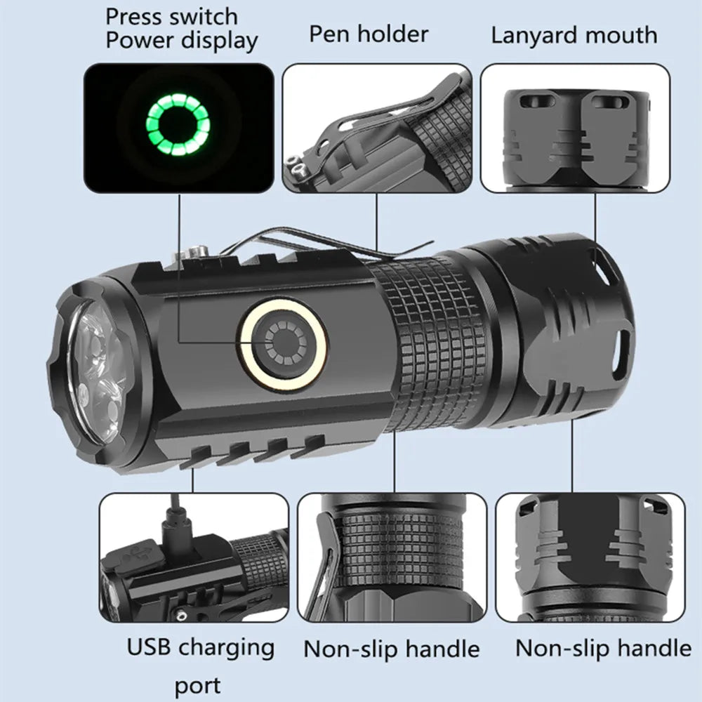 Portable Mini 3 * LED Strong Light Multifunctional Flashlight Three Eyes Small Steel Cannon TYPE-C Charging Outdoor Flashlight