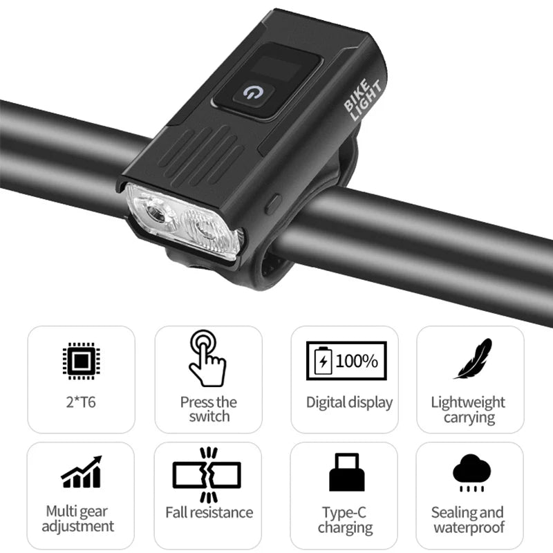 T6 Bright Bike Light Battery Type-C USB Charging Digital Power Display Compact Bike Headlight Cycling 500 Lumens IPX4 Waterproof