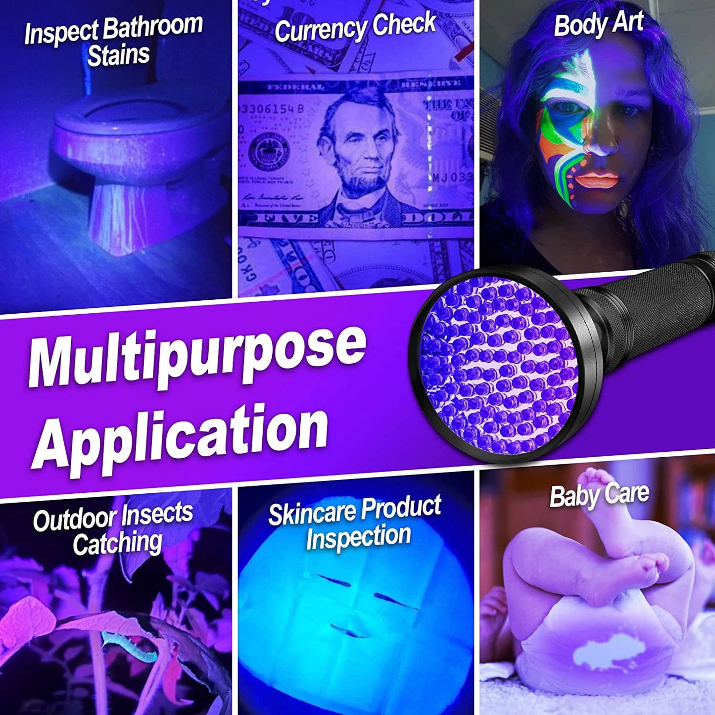 100Leds UV Led Flashlight Torch Black Light UV Lamp 51 LED UV Black Light Pet Urine Light Detector for Dog/Cat Urine, Dry Stains