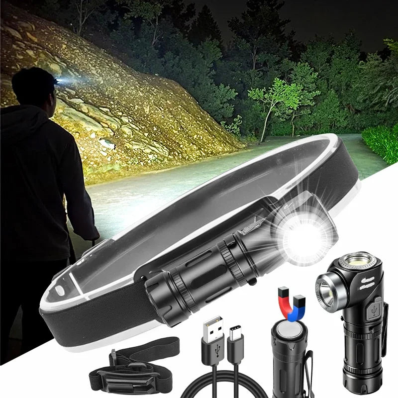 LED+COB waterproof Head Flashlight Type-C Rechargeable 90° Adjustable Portable Headlight Indicator Magnet Tail Camping Torch
