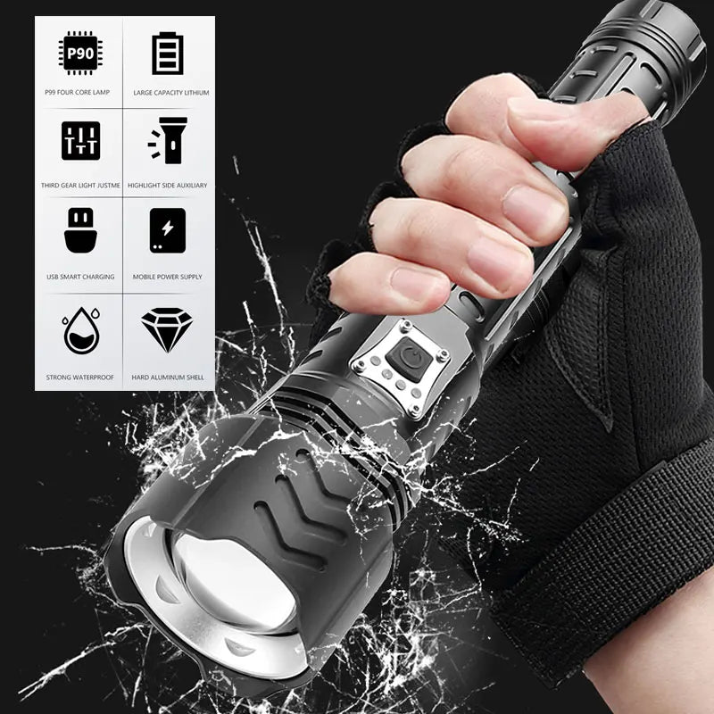 Powerful 4 Core XHP90 LED Flashlight With Battery Display Portable Torh outdoor waterproof light Suitable for camping, adventure