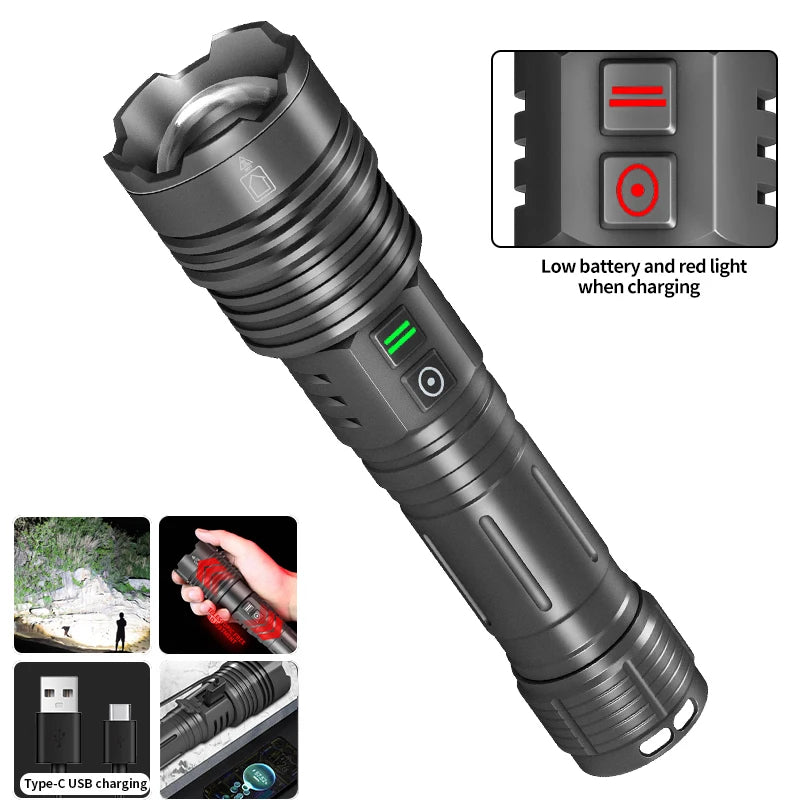 Linterna LED XHP70 de alta potencia, superbrillante, 1500 lúmenes, con zoom, de emergencia, para exteriores, recargable tipo C
