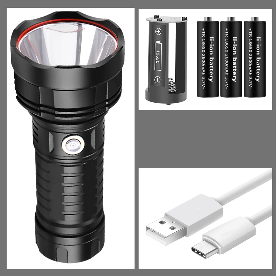 Led Flashlight Powerful White 2000 Meter Zoomable Torch Hard Light Self Defense 18650 26650 Battery Lantern