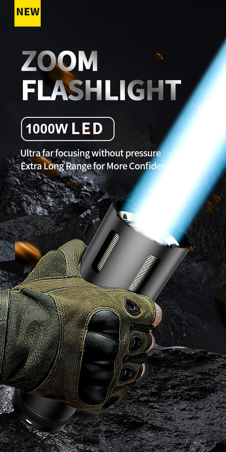 Potente linterna LED táctica de 1000 W, linterna USB de 7000 m de largo alcance, resistente al agua, multifuncional, luz de patrulla de xenón de 72 horas