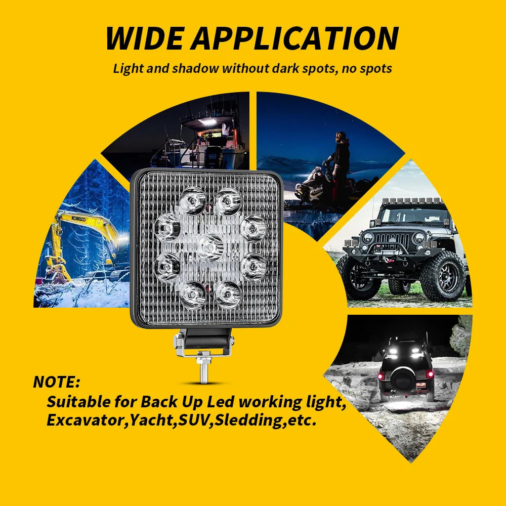 4-inch Car LED Work Light Square Spotlights 27W Super Bright 4X4 off-road Lights Tractor locomotive LED Driving Light 12V 24V
