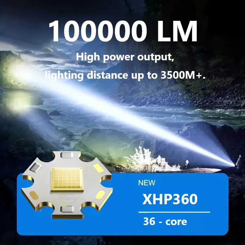 مصابيح يدوية LED عالية الطاقة XHP360 مصباح يدوي قوي قابل لإعادة الشحن طويل المدى 4500 متر مصباح يدوي للصيد يعمل بالتكتيكات