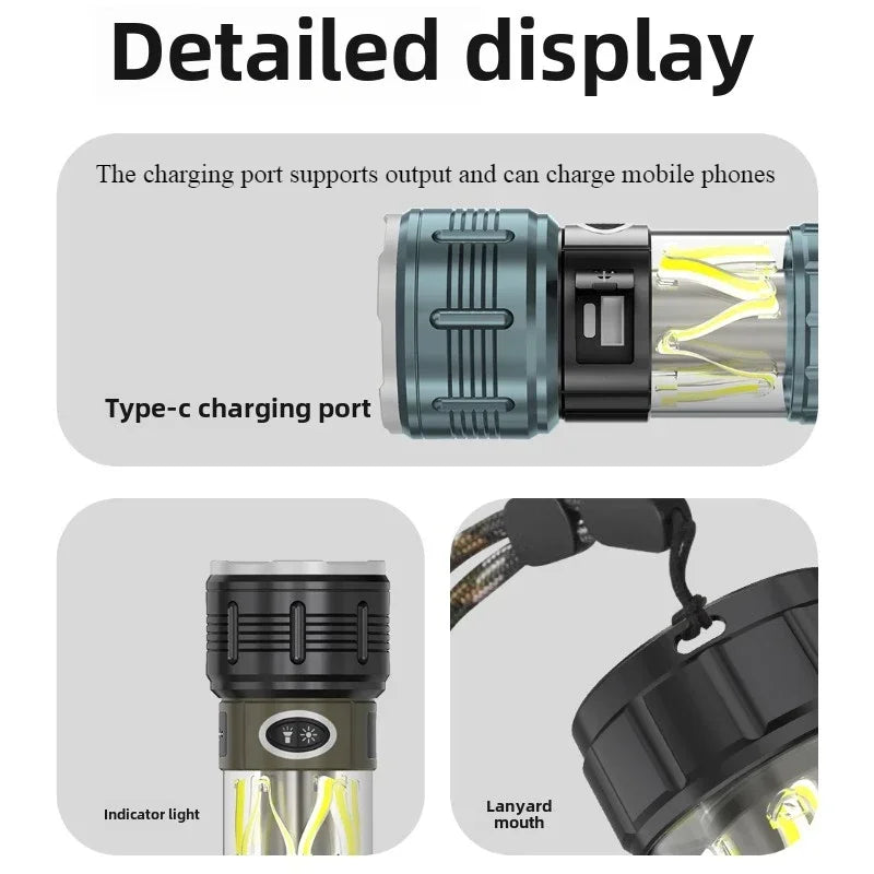 Multifunctional LED Flashlight Large Capacity Battery USB Rechargeable Dual Light Tactical Flashlight Outdoor Emergency Camping