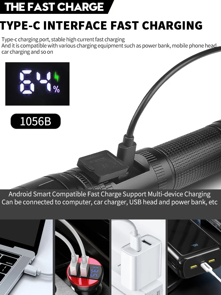 LED Flashlight Type-C USB Rechargeable Long Range Tactical Torch Strong Light Lamp Outdoor Ultra Powerful Flash Light