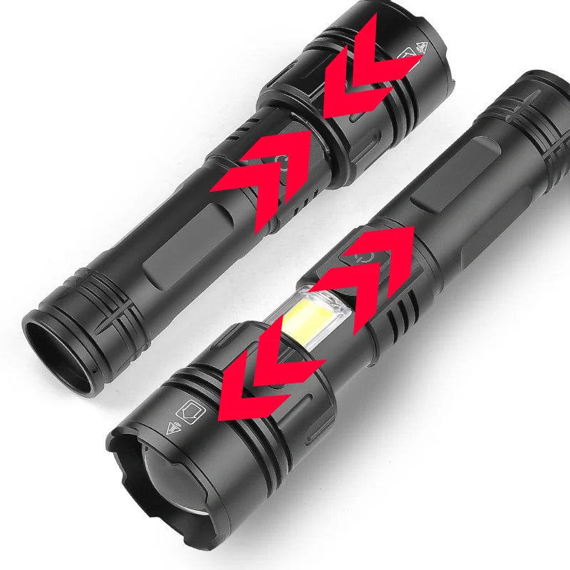 XHP70 LED Flashlight 18650/26650 Torch With Side Light 7 Modes Camping Fishing Lantern USB Rechargeable Zoom Lamp