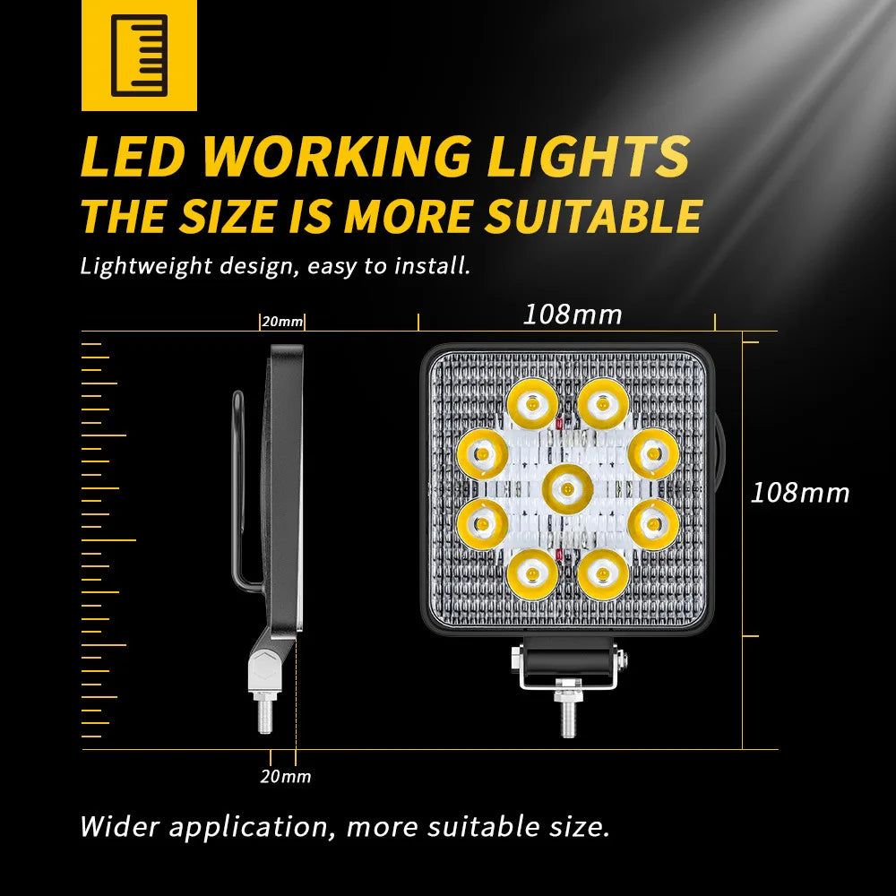 4-inch Car LED Work Light Square Spotlights 27W Super Bright 4X4 off-road Lights Tractor locomotive LED Driving Light 12V 24V