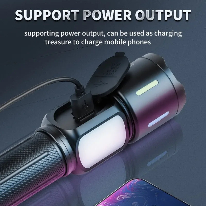 USB Rechargeable Flashlight COB Side Light Battery Indicator Telescopic Zoom Super Bright for Camping Hiking Emergency Lighting