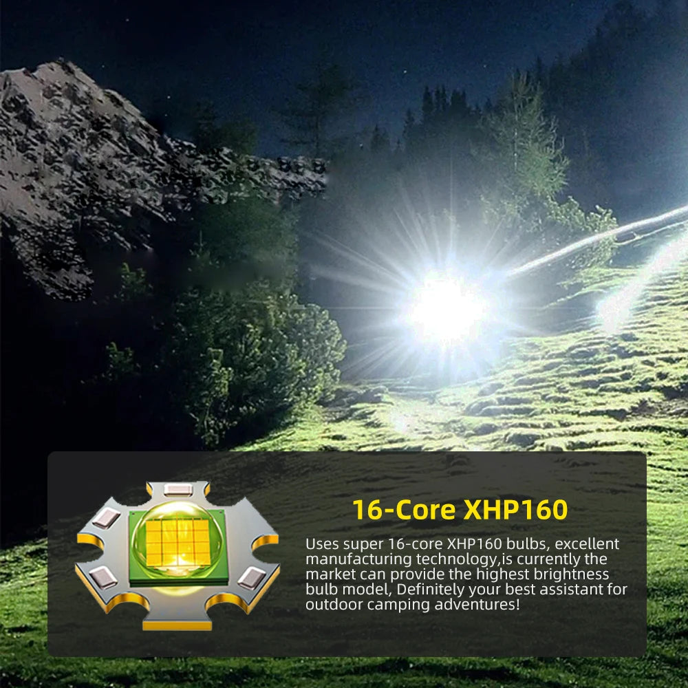 XHP160 LED Flashlight Powerful Fishing Torch 26650 USB Rechargeable Camping Lantern Zoom Waterproof Power Bank Tactical Light
