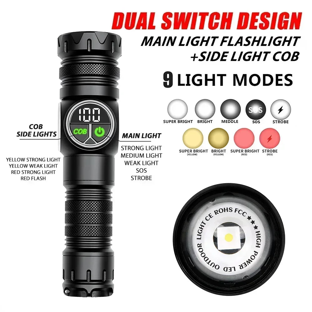 High Power LED Flashlight USB Rechargeable Light Telescopic Zoom Torch Digital Display Tail Magnetic Working Emergency Lantern