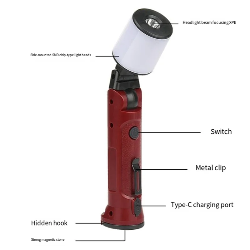 Portable Emergency Work Lights USB Rechargeable Folding Flashlight 180° Repair Spotlight Camping With Hanging Hook