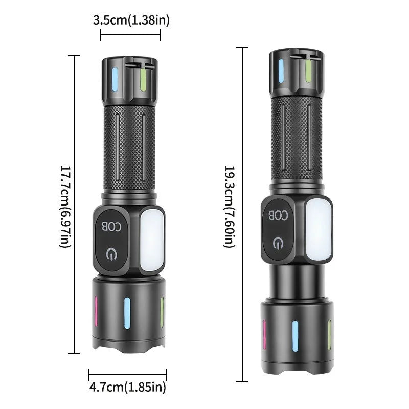USB Rechargeable Flashlight COB Side Light Battery Indicator Telescopic Zoom Super Bright for Camping Hiking Emergency Lighting