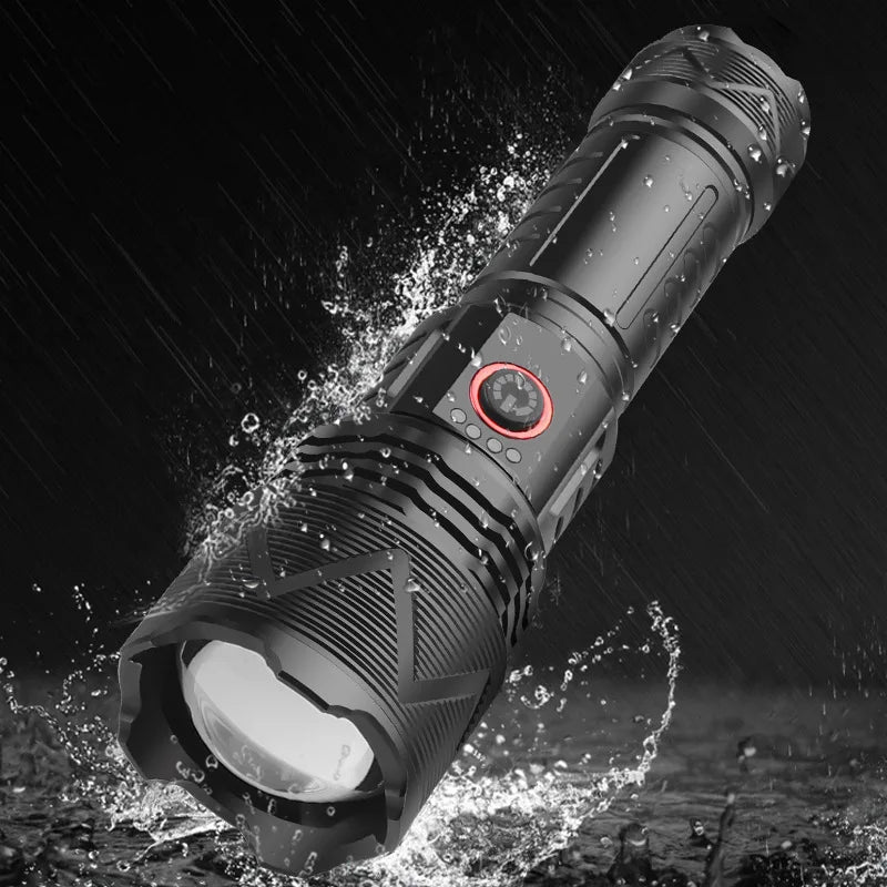 Linterna LED de alta potencia con carga USB XHP70, linterna superbrillante, 4 modos de iluminación, lámpara recargable a prueba de agua
