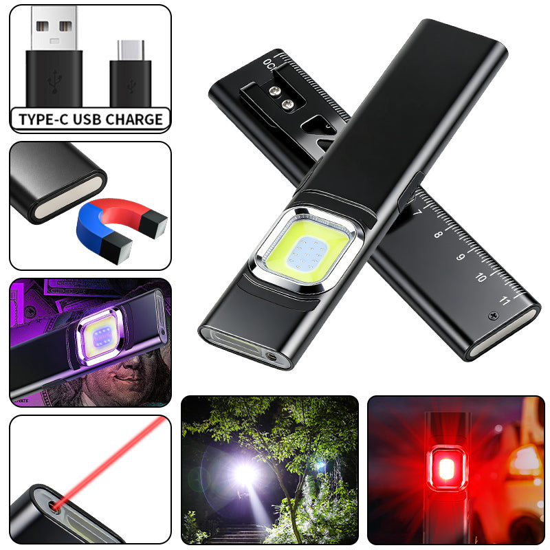 Ultra-Slim COB Work Light with Scale Magnetic Rechargeable Pen Clip Portable Mini EDC Flashlight for Car Camping Night Workshop X505