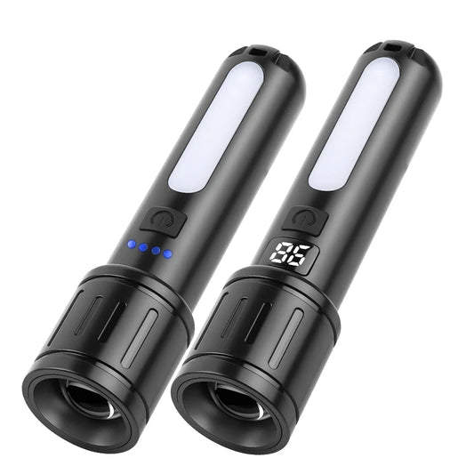 LED Flashlight Telescopic Zoom Dual Color Side Lights Fast Charge Aluminum Alloy Waterproof Outdoor Camping Emergency Light