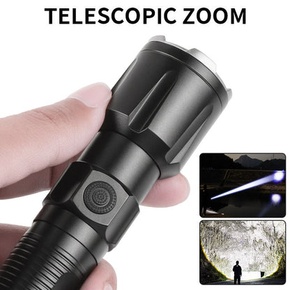 Portable Telescopic Zoom Long range Flashlight Type-c Rechargeable Power Display Torch Waterproof Flashlight with Tail Rope