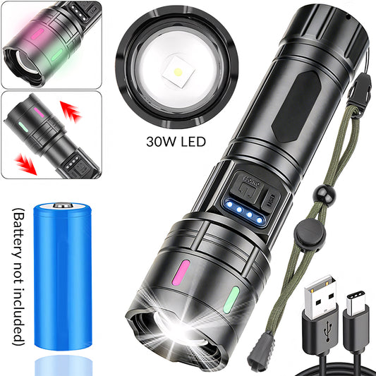 Zoomable 30W Flashlight 2000LM IP44 Aluminum Alloy Type-C Rechargeable Tactical Torch Battery Display Long Rang Flashlight 1114