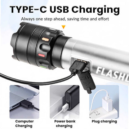 Powerful LED Flashlight And Digital Display - Rechargeable Type-C Convenient Flashlight For Camping And Hiking
