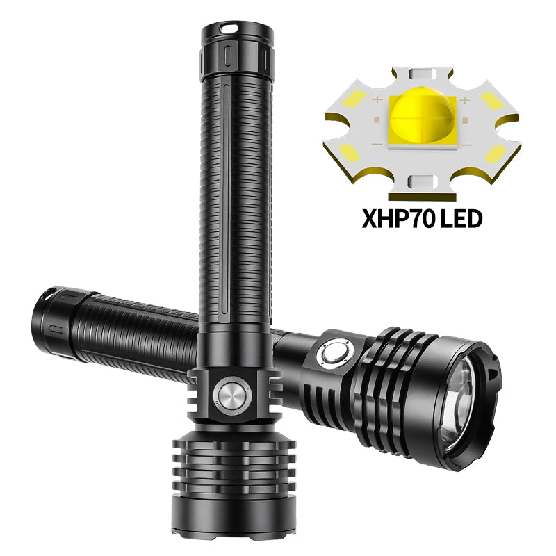 XHP70 Zoomable Diving Flashlight Super Bright LED Rechargeable IP44 Waterproof 3 Modes for Camping Hiking D500