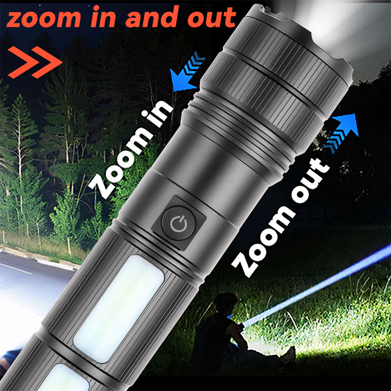 Zoomable 30W LED Flashlight Rechargeable Aluminum Alloy Tactical Torch with COB Side Lamp Camping USB C 1793