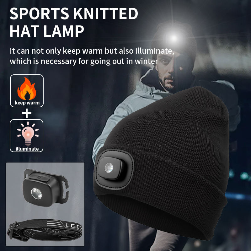 LED Lighted Beanie Hat USB Rechargeable Unisex Warm Winter Knitted Cap Headlamp Flashlight For Night Running Cycling
