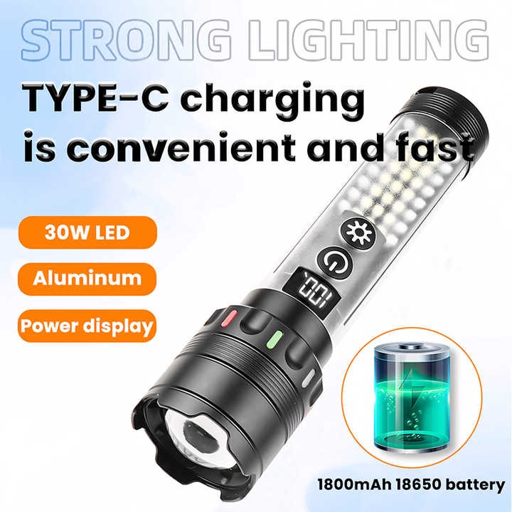 Powerful LED Flashlight And Digital Display - Rechargeable Type-C Convenient Flashlight For Camping And Hiking