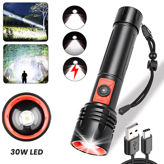 Powerful LED Flashlight Aluminum Alloy Portable Torch USB ReChargeable Outdoor Tactical Zoom Camping Waterproof Flash Light