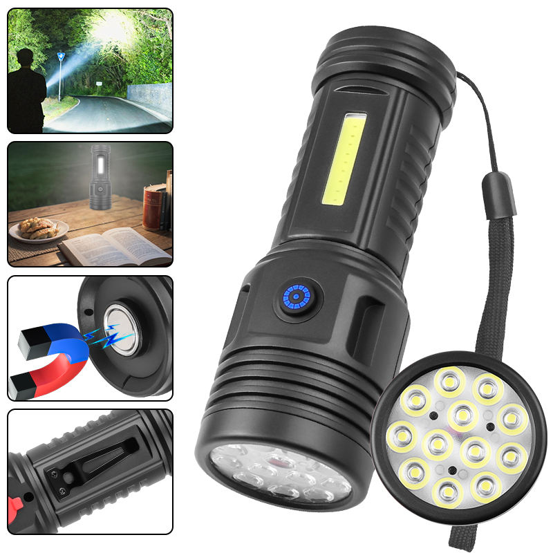 Portable Rechargeable LED Flashlight with Pen Clip Zoomable Waterproof Torch with Side Light Outdoor Camping Emergency Lantern FY-12