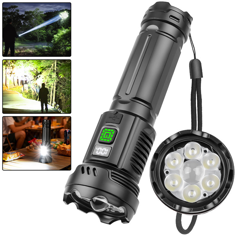 Digital Display Type-c Rechargeable Attack Head Flashlights with Side Light for Emergency Camping Torch Light
