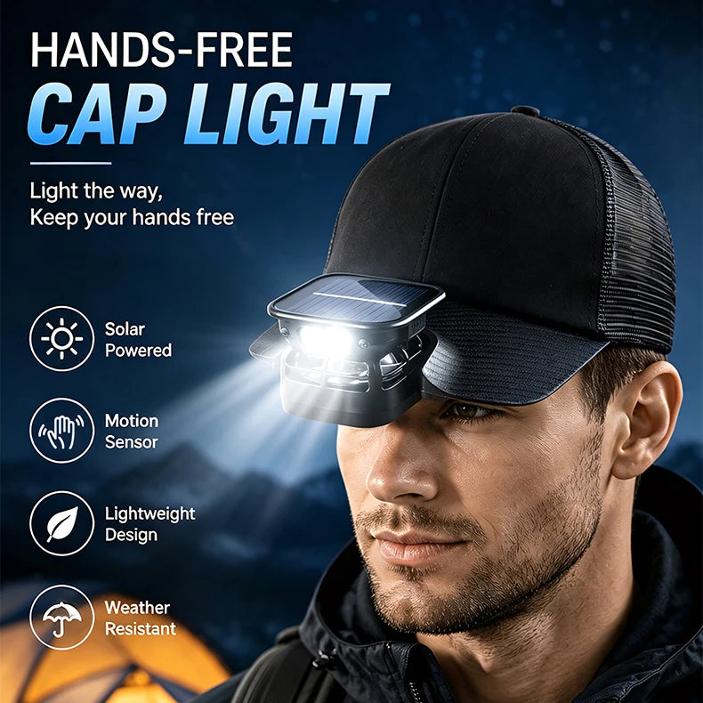 Solar Energy Charge Fan Cap LED Light Hand Wave Sensor IPX4 Waterproof Camping Portable Adjustable Beam Rechargeable Outdoor M5569