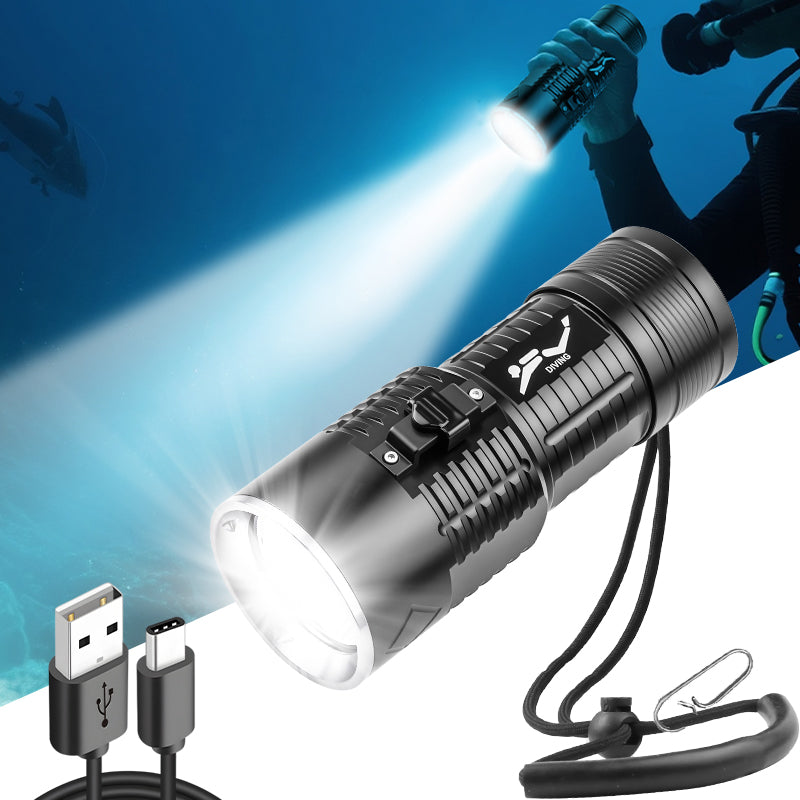 Powerful XHP50 LED Diving Flashlight Professional Underwater Torch 18650 Battery IPX8 Waterproof Torch with Hand Rope