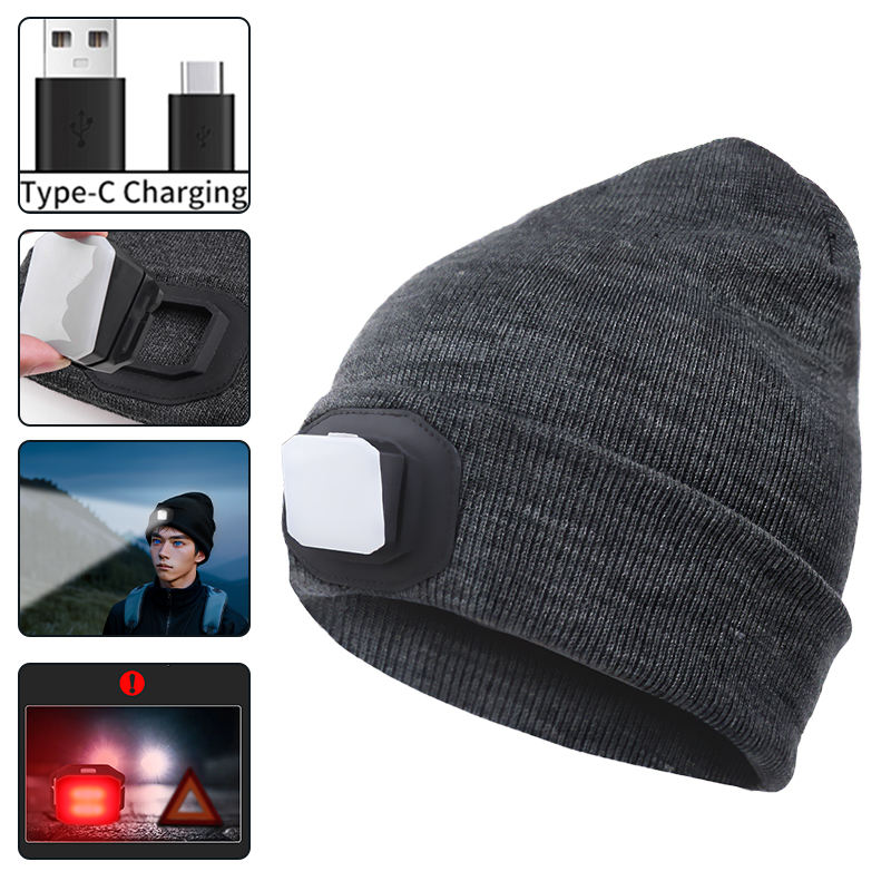 Dual-Use 25 LED COB Headlamp White & Red Light Sports Knitted Hat with 4 Modes USB Type-C Charging Warning Headlight 5828-1