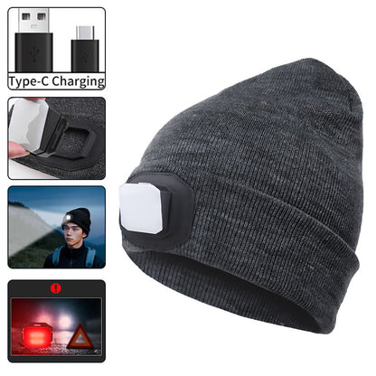 Dual-Use 25 LED COB Headlamp White & Red Light Sports Knitted Hat with 4 Modes USB Type-C Charging Warning Headlight 5828-1