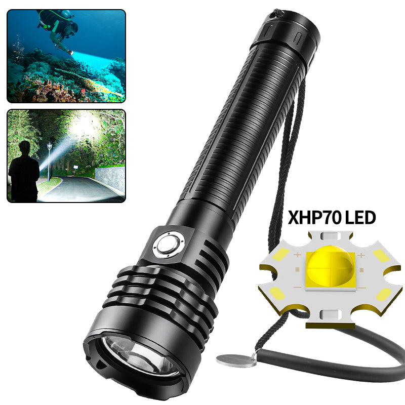 XHP70 Zoomable Diving Flashlight Super Bright LED Rechargeable IP44 Waterproof 3 Modes for Camping Hiking D500