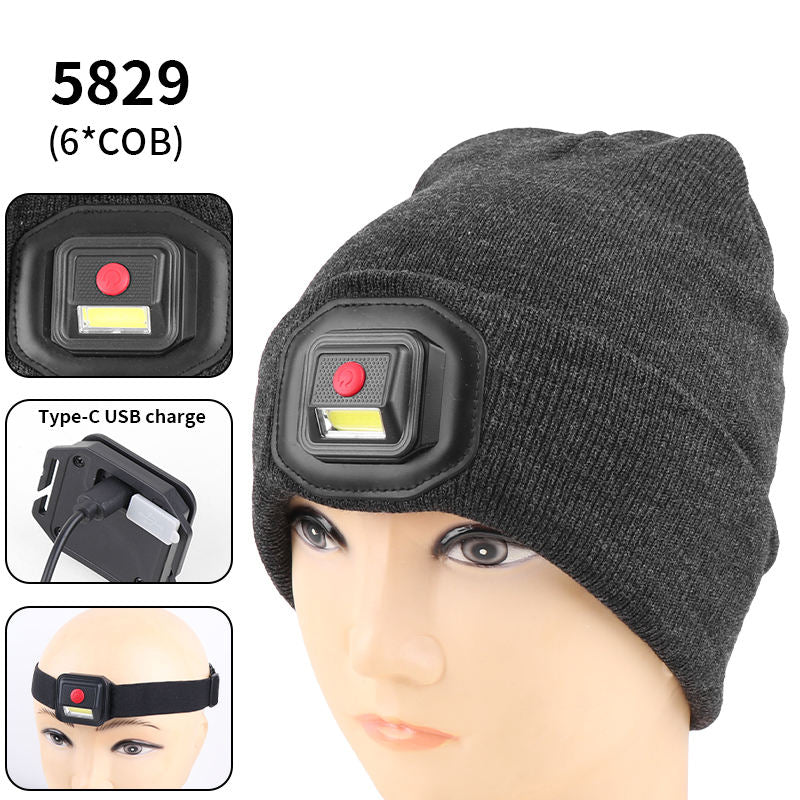 LED White Red Blue Light Dual Use Hat and Headlight 3 Modes Type-c USB Charging Headlight Warning Sports Knitted Hat Lamp 5829