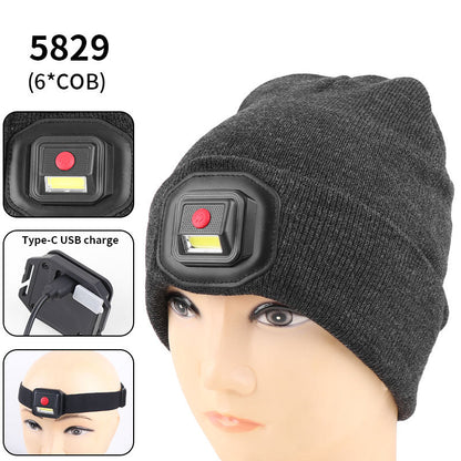 LED White Red Blue Light Dual Use Hat and Headlight 3 Modes Type-c USB Charging Headlight Warning Sports Knitted Hat Lamp 5829