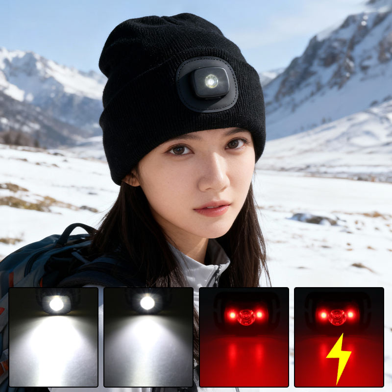 LED Lighted Beanie Hat USB Rechargeable Unisex Warm Winter Knitted Cap Headlamp Flashlight For Night Running Cycling