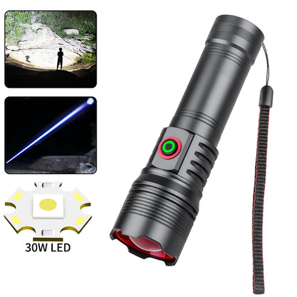 High Power LED Flashlight 30W Strong Light Lantern USB Rechargeable Torch Waterproof Outdoor Super Bright Lamp Self Defense