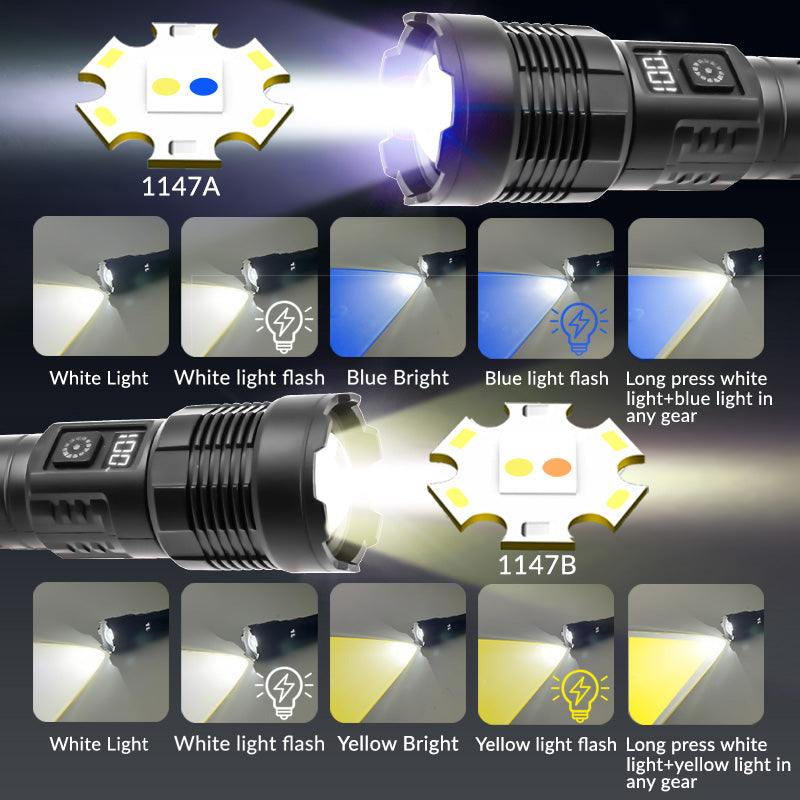 Super Powerful Ultra Long Range Flashlight Dual Source Yellow Blue Flashlight Large Capacity Torch Digital Display Rechargeable