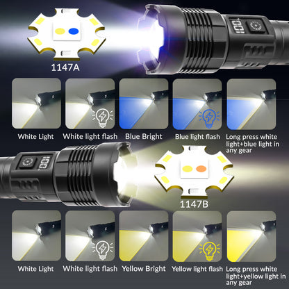 Super Powerful Ultra Long Range Flashlight Dual Source Yellow Blue Flashlight Large Capacity Torch Digital Display Rechargeable