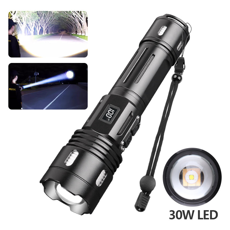Powerful 30W Led Flashlights Ultra Bright Tactical Light Emergency Spotlights Telescopic Zoom Light Built-in Battery