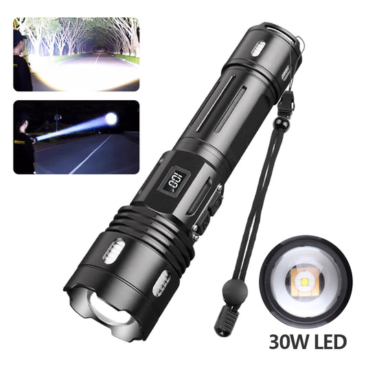 Powerful 30W Led Flashlights Ultra Bright Tactical Light Emergency Spotlights Telescopic Zoom Light Built-in Battery