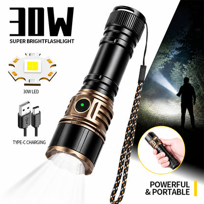 1200LM High Lumens LED Flashlight 30W LED White Flashlight USB Rechargeable Emergency Flashlight for Night Running Camping JC-214
