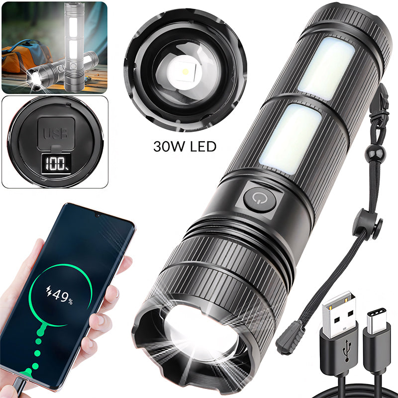 Zoomable 30W LED Flashlight Rechargeable Aluminum Alloy Tactical Torch with COB Side Lamp Camping USB C 1793