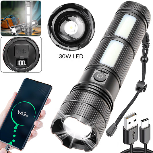 Zoomable 30W LED Flashlight Rechargeable Aluminum Alloy Tactical Torch with COB Side Lamp Camping USB C 1793