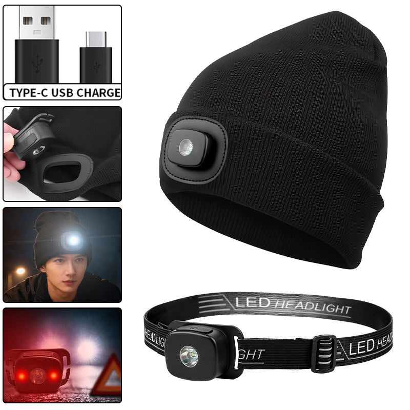 LED Lighted Beanie Hat USB Rechargeable Unisex Warm Winter Knitted Cap Headlamp Flashlight For Night Running Cycling
