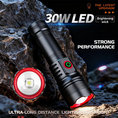 High Power LED Flashlight 30W Strong Light Lantern USB Rechargeable Torch Waterproof Outdoor Super Bright Lamp Self Defense